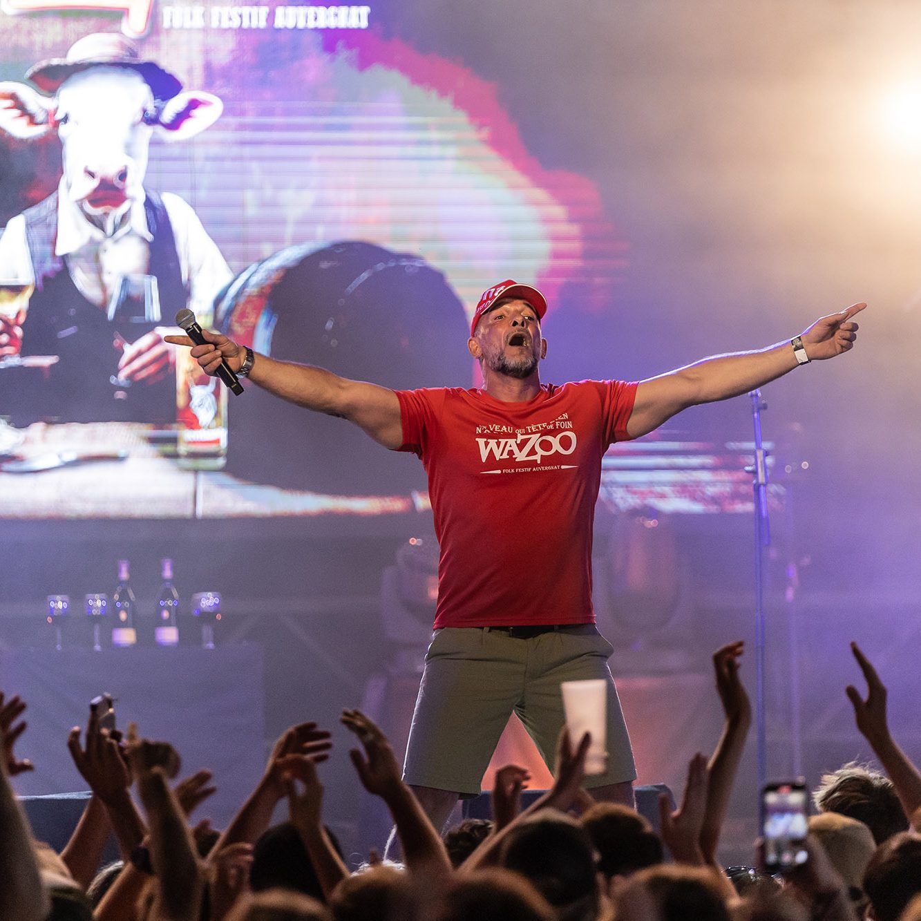 Quatres hommes posent sur scène devant une foule enthousiaste lors d'un concert.